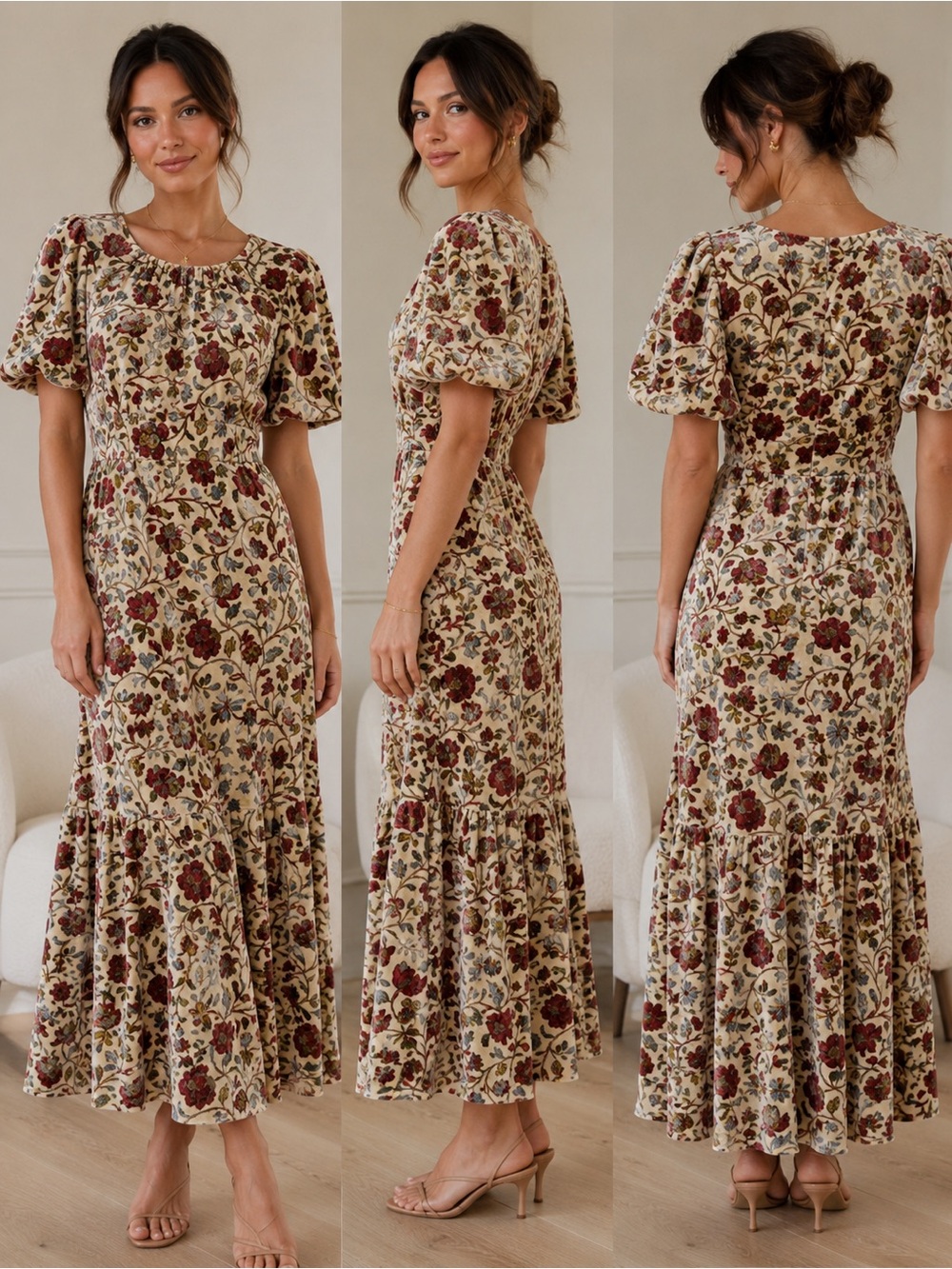 RHODE Ester Floral Velvet Puff Sleeve Midi Maxi Dress size  small.